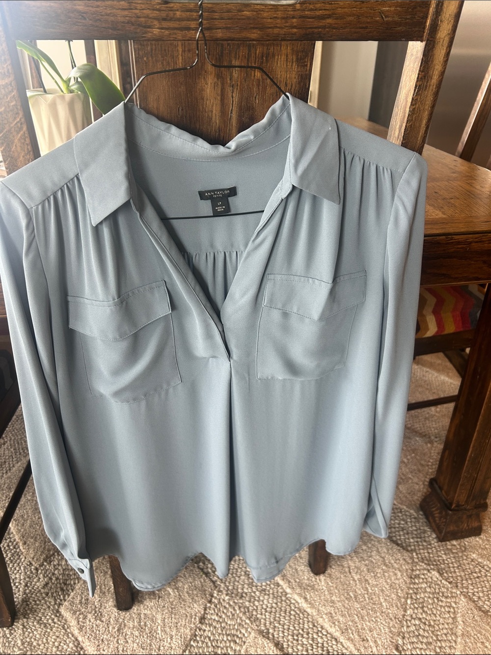 Ann Taylor Pale Blue Button-Front Utility Shirt